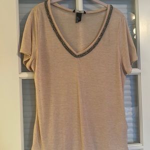 Beaded v neck short sleeve shirt
